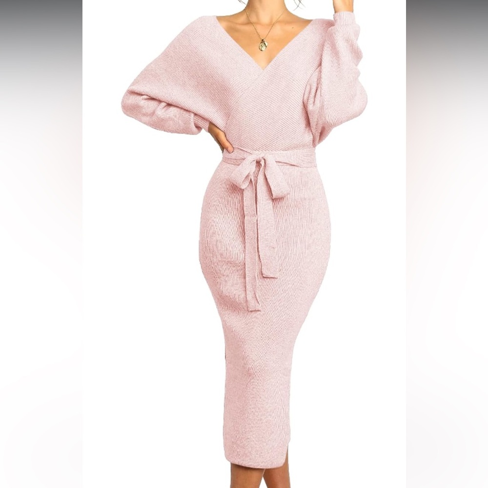 Amazon Pink Wrap Sweater Dress with Dolman Sleeves